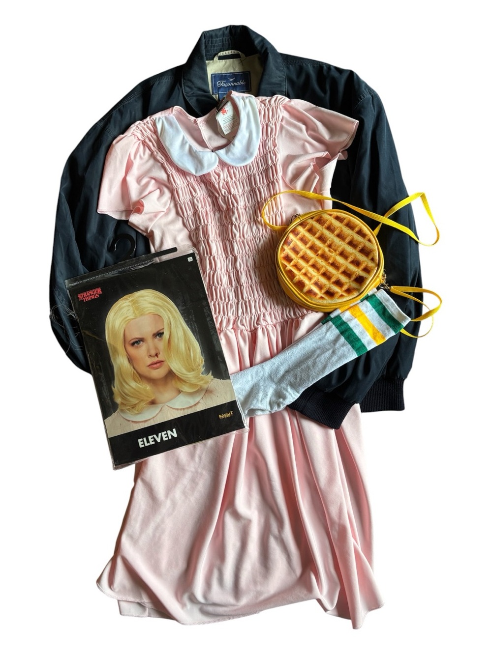Stranger Things Eleven Costume Complete Set Pink Dress Wig Jacket Socks Waffle